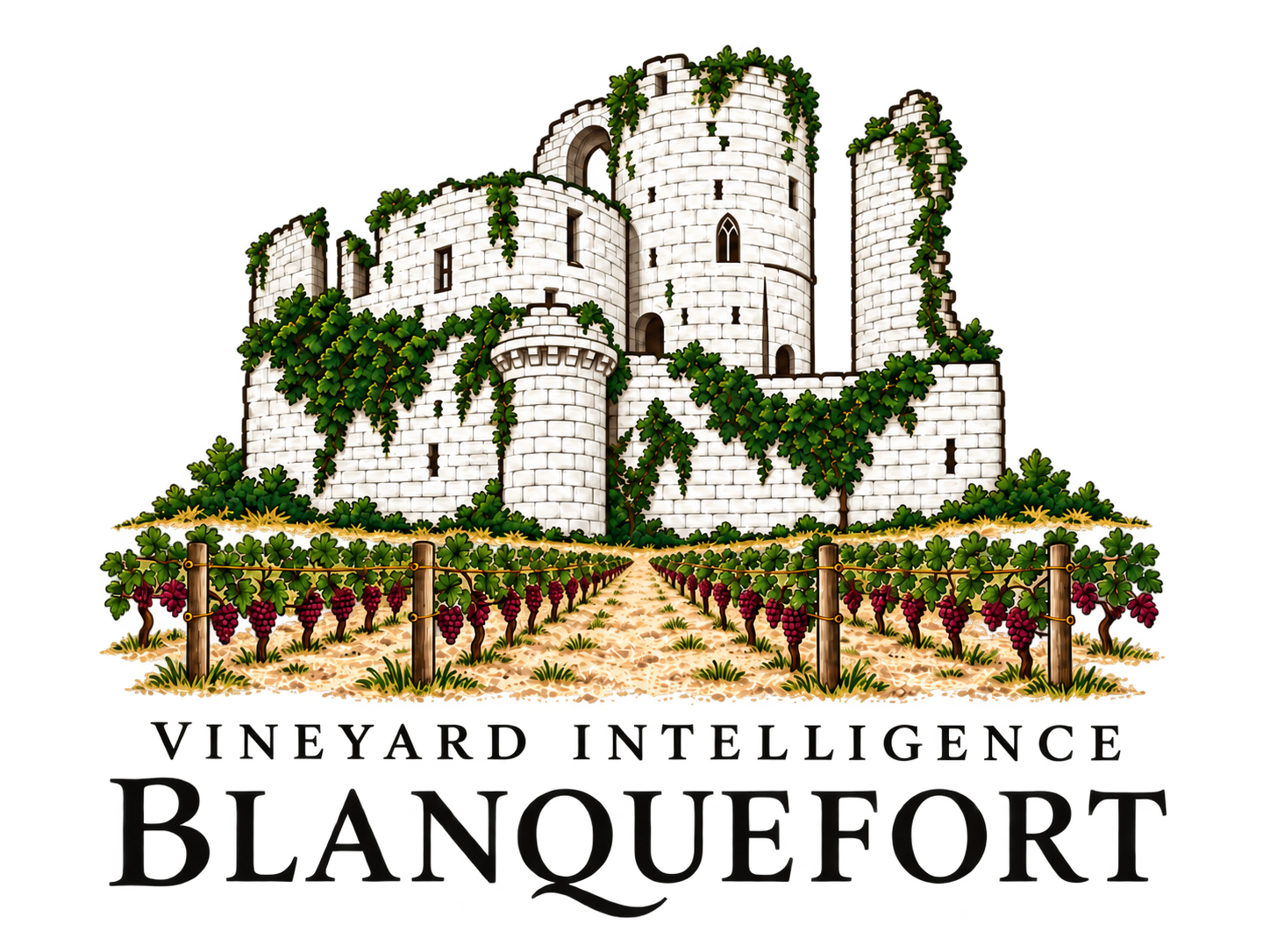 Castle ruins above vineyard rows